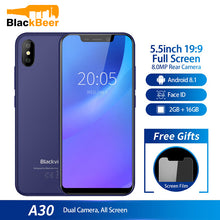 Load image into Gallery viewer, Blackview A30 Smartphone 5.5inch 19:9 MTK6580A Quad Core Cell phone 2GB 16GB Android 8.1 Dual SIM 3G Face ID Mobile Phone 2500mA